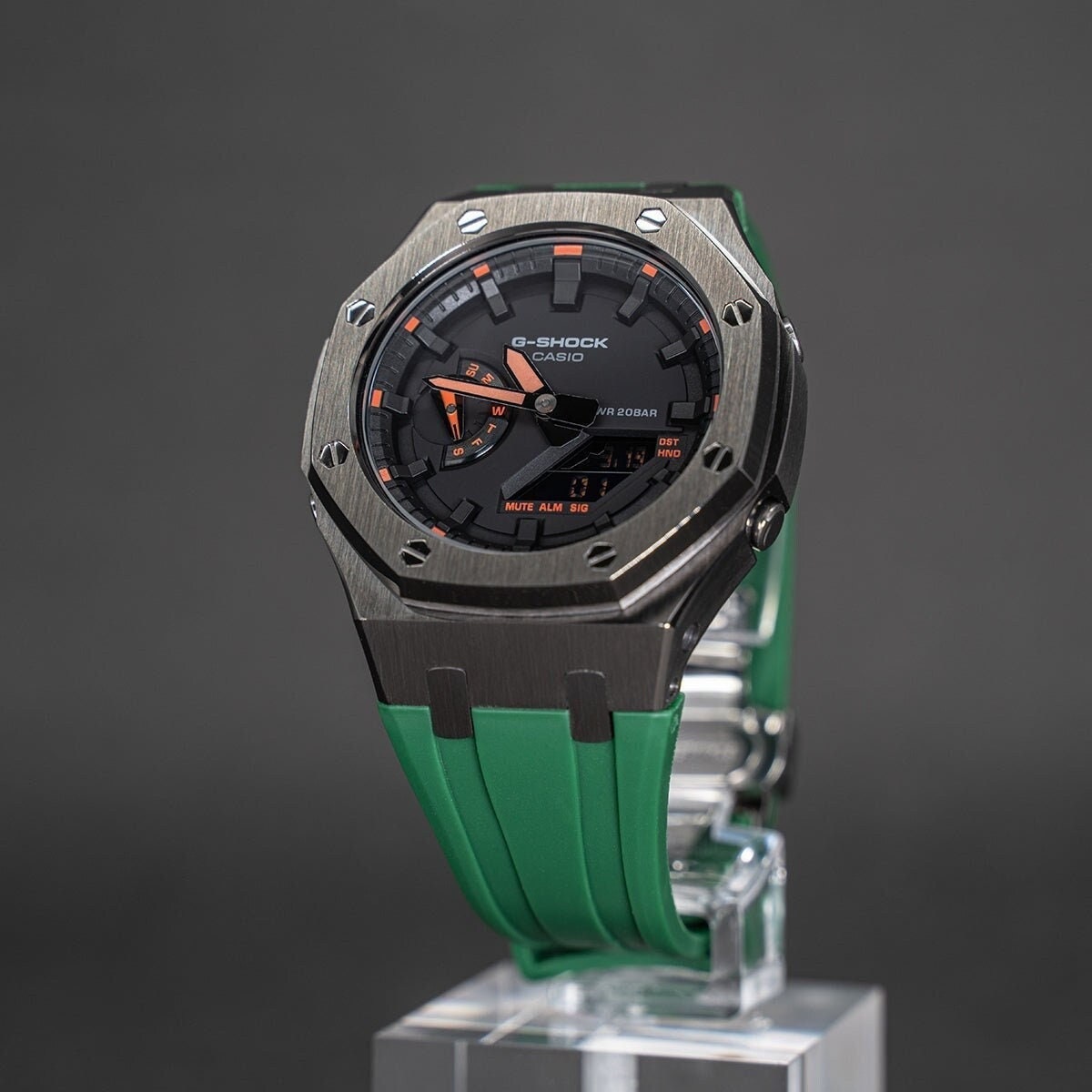 Casioak Mod Watch Gray Case Green Rubber Strap Black Time Mark Black Dial 44mm- Casioak Mod Casio G-Shock Royal Oak Custom Mens Luxury Watches Ga2100