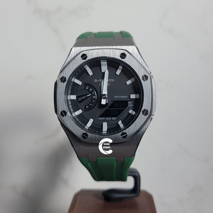 Casioak Mod Watch Gray Case Green Rubber Strap Light Gray Time Mark Black Dial 44mm- Casioak Mod Casio G-Shock Royal Oak Custom Mens Luxury Watches Ga2100