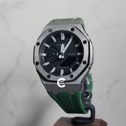 Casioak Mod Watch Gray Case Green Rubber Strap Light Gray Time Mark Black Dial 44mm- Casioak Mod Casio G-Shock Royal Oak Custom Mens Luxury Watches Ga2100