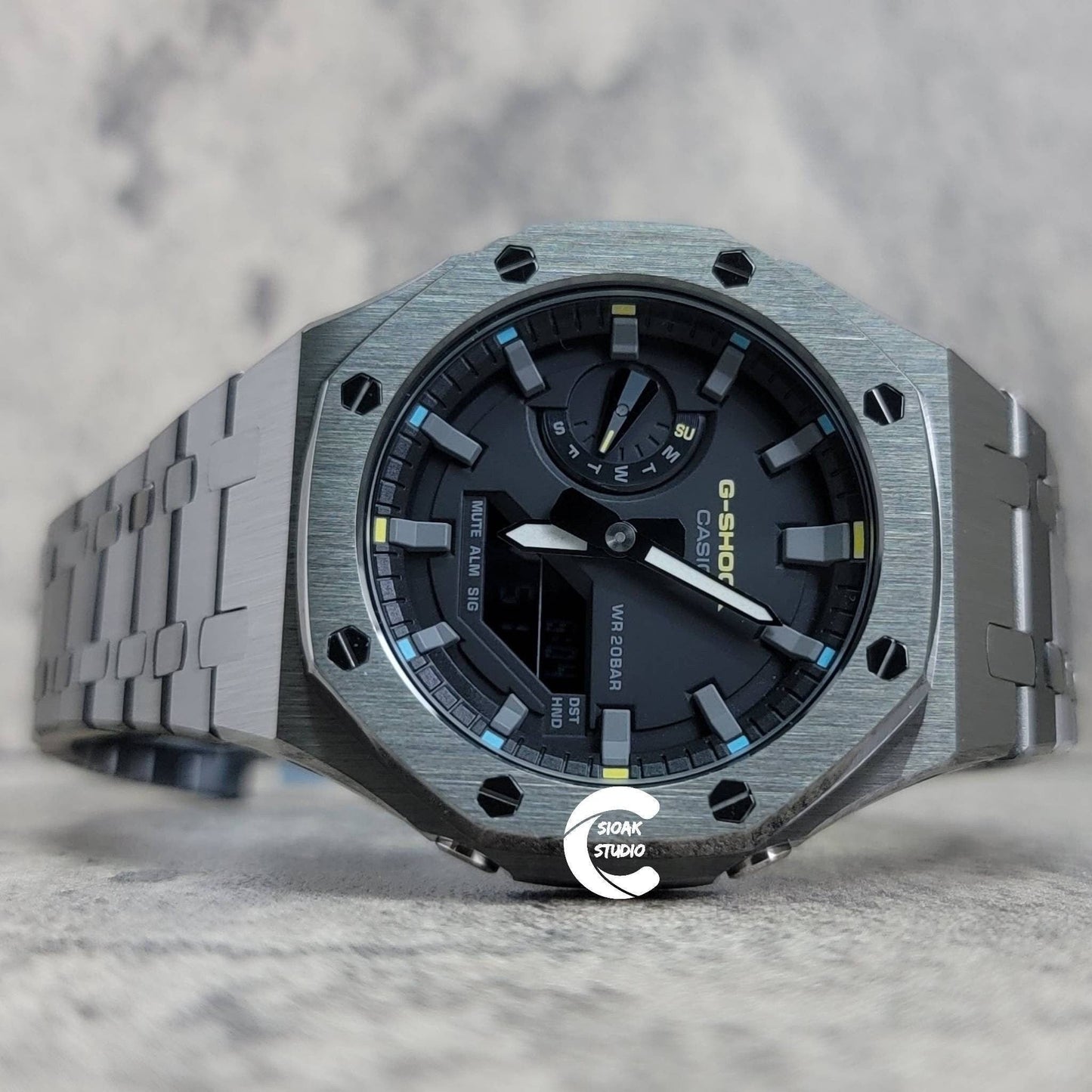 Casioak Mod Watch Gray Case Metal Strap Black Gray Time Mark Black Dial 44mm- Casioak Mod Casio G-Shock Royal Oak Custom Mens Luxury Watches Ga2100