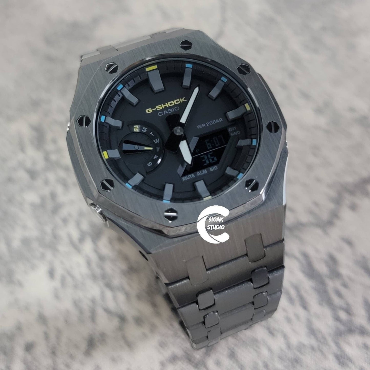 Casioak Mod Watch Gray Case Metal Strap Black Gray Time Mark Black Dial 44mm- Casioak Mod Casio G-Shock Royal Oak Custom Mens Luxury Watches Ga2100