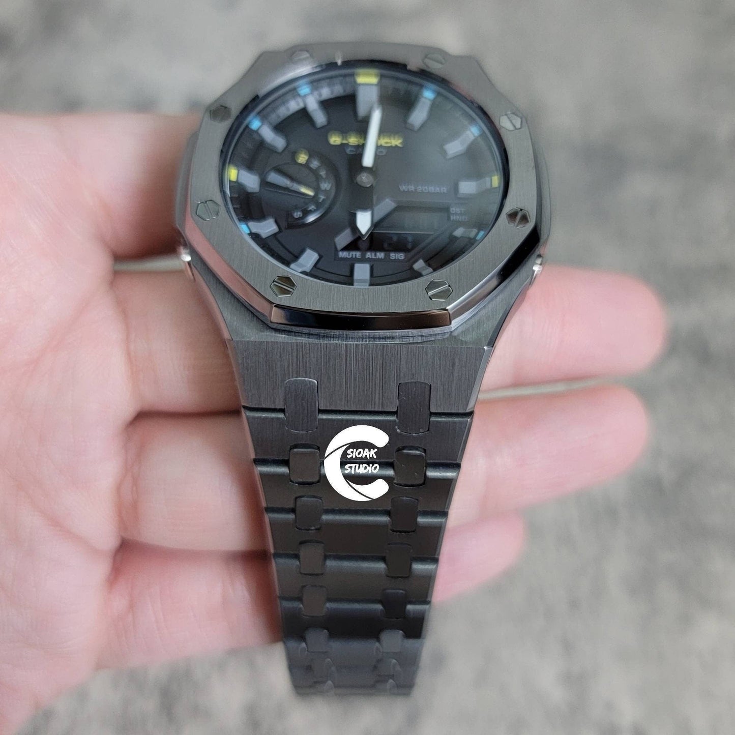 Casioak Mod Watch Gray Case Metal Strap Black Gray Time Mark Black Dial 44mm- Casioak Mod Casio G-Shock Royal Oak Custom Mens Luxury Watches Ga2100