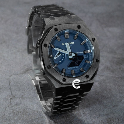 Casioak Mod Watch Gray Case Metal Strap Black Gray Time Mark Blue Dial 44mm- Casioak Mod Casio G-Shock Royal Oak Custom Mens Luxury Watches Ga2100