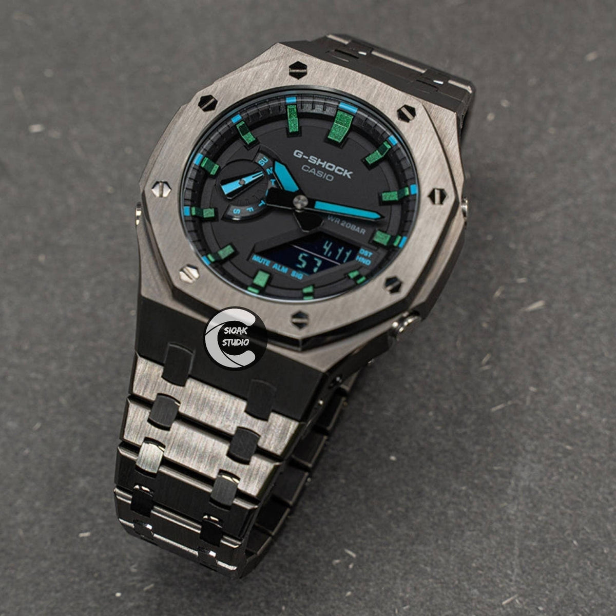 Casioak Custom Casioak Mod Watch Gray Case Metal Strap Black Green Time Mark Black ...
