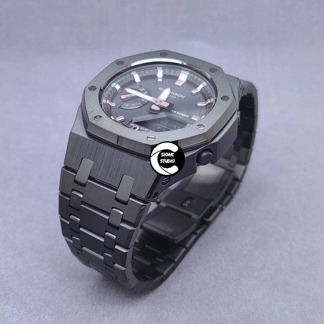 Casioak Mod Watch Gray Case Metal Strap Black Rose Gold Time Mark Black Dial 42mm- Casioak Mod Casio G-Shock Royal Oak Custom Mens Luxury Watches Ga2100