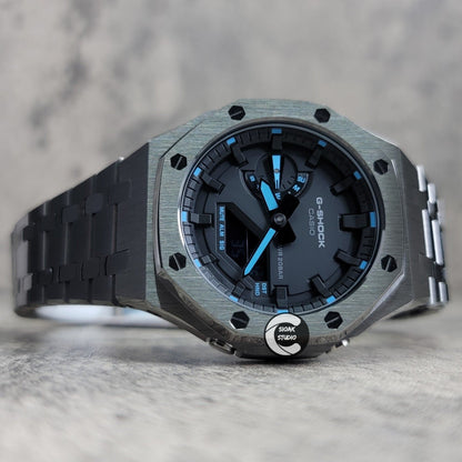 Casioak Mod Watch Gray Case Metal Strap Black Time Mark Black Dial Blue 44mm- Casioak Mod Casio G-Shock Royal Oak Custom Mens Luxury Watches Ga2100