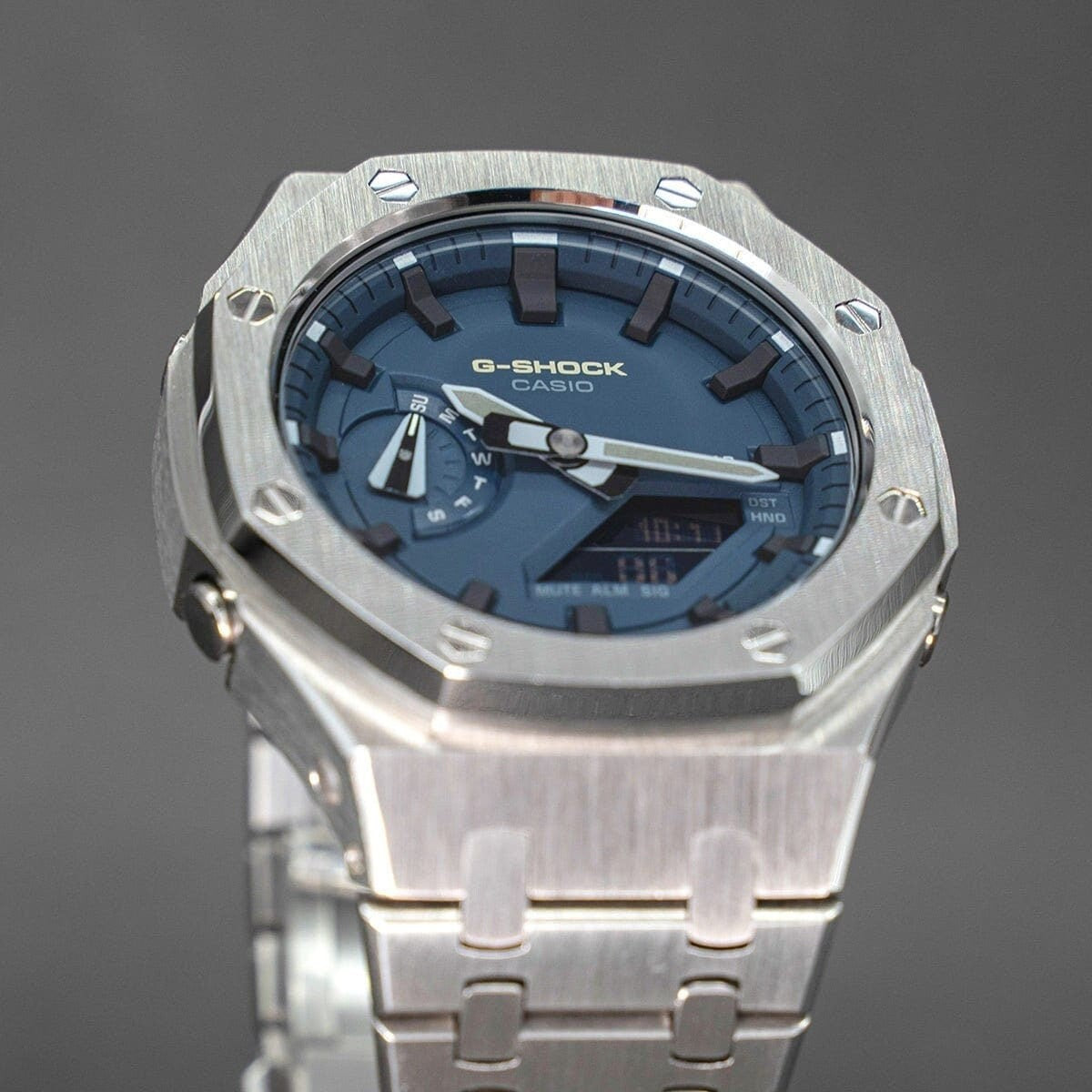 Casiooak Custom Casioak Mod Watch Gray Case Metal Strap Blue Black Time Mark Blue Dial ...