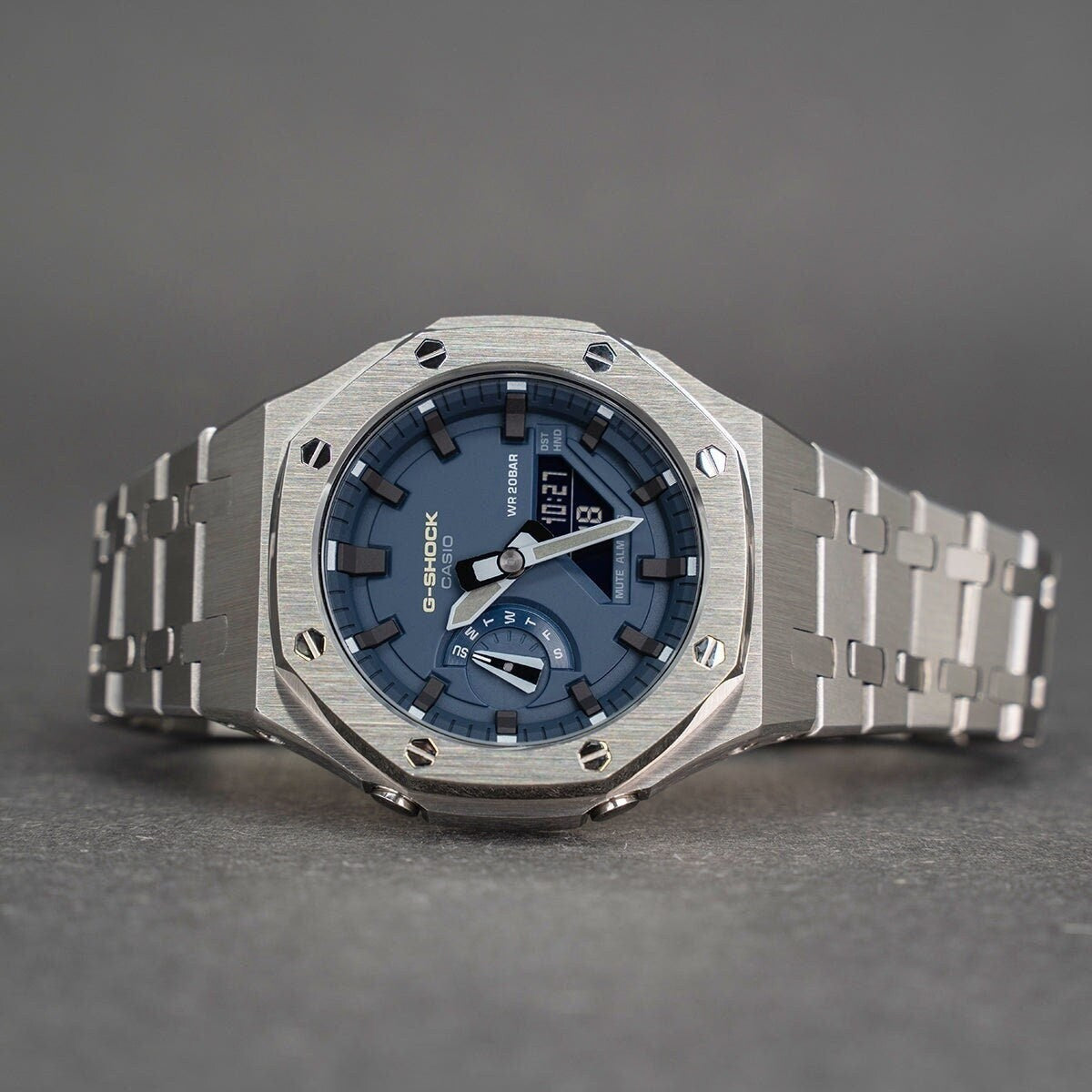 Casioak Custom Casioak Mod Watch Gray Case Metal Strap Blue Black Time Mark Blue Dial ...