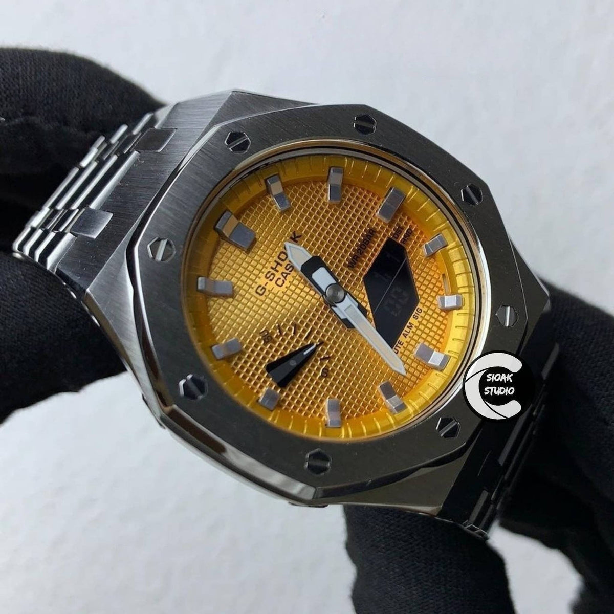 Casiooak Custom Casioak Mod Watch Gray Case Metal Strap Gold Silver Time Mark Gold Dial ...