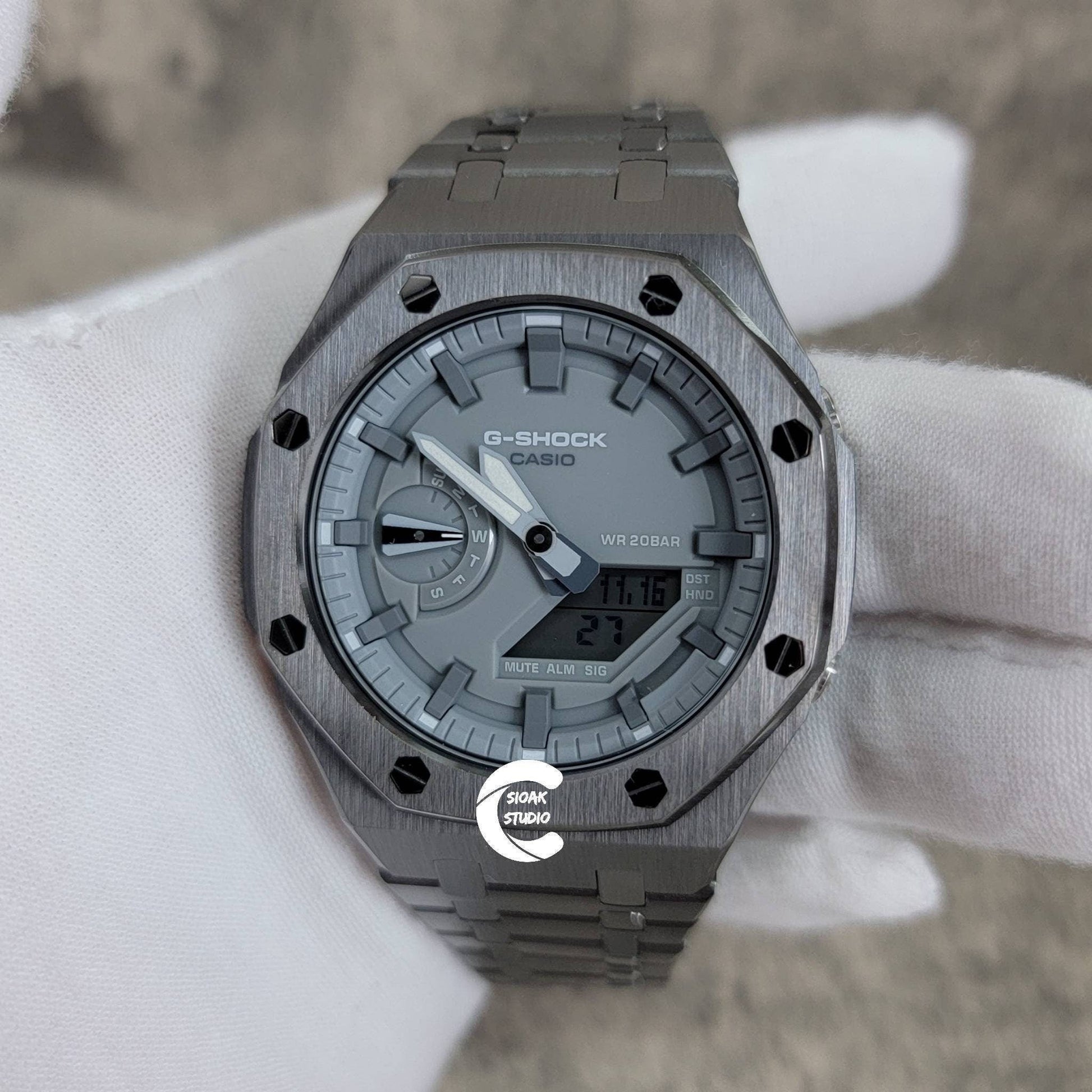 Casioak Mod Watch Gray Case Metal Strap Gray Time Mark Gray Dial 44mm- Casioak Mod Casio G-Shock Royal Oak Custom Mens Luxury Watches Ga2100