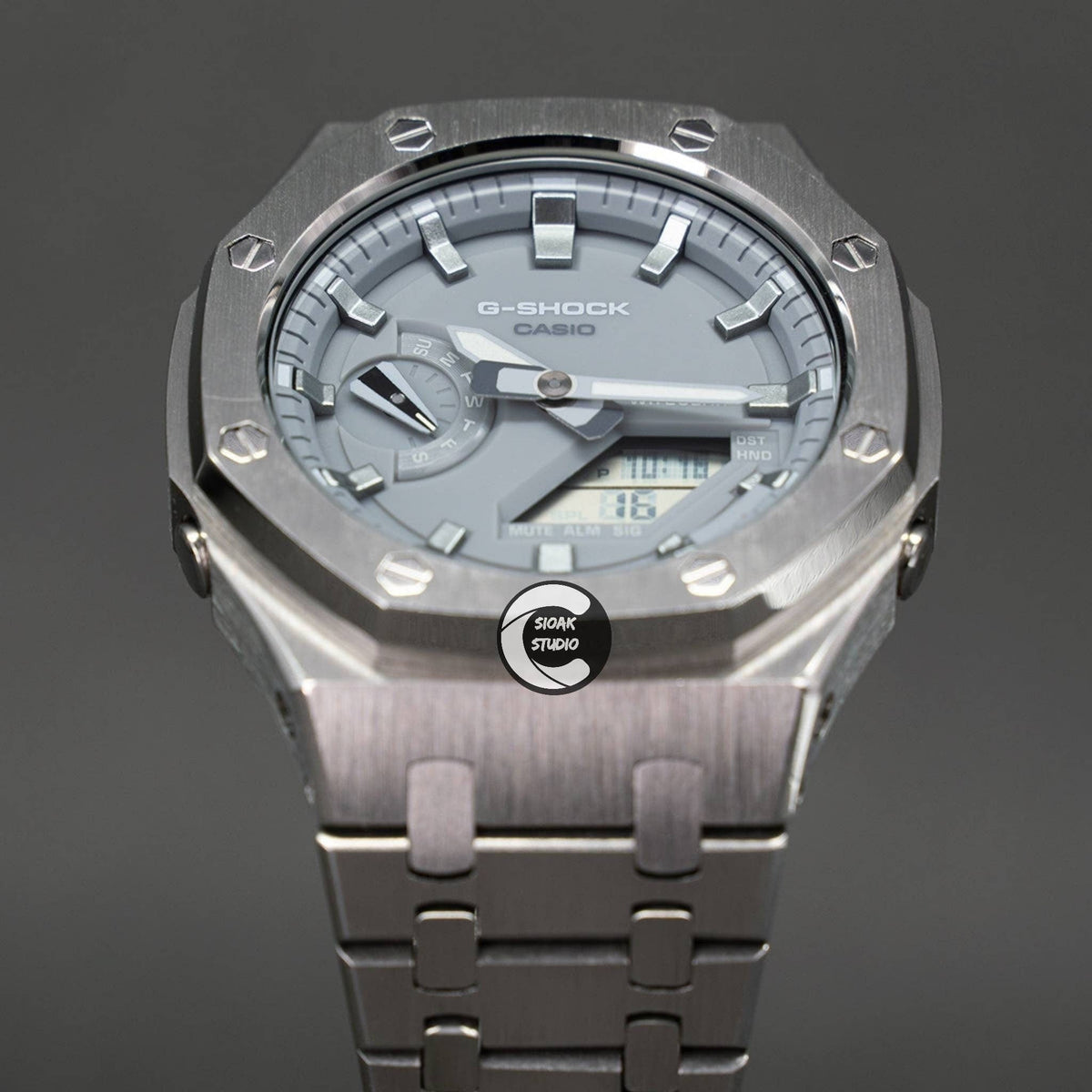Casiooak Custom Casioak Mod Watch Gray Case Metal Strap Gray Time Mark Gray Dial 44mm ...