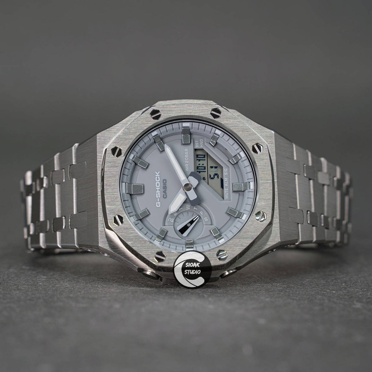 Casioak Custom Casioak Mod Watch Gray Case Metal Strap Gray Time Mark Gray Dial 44mm ...