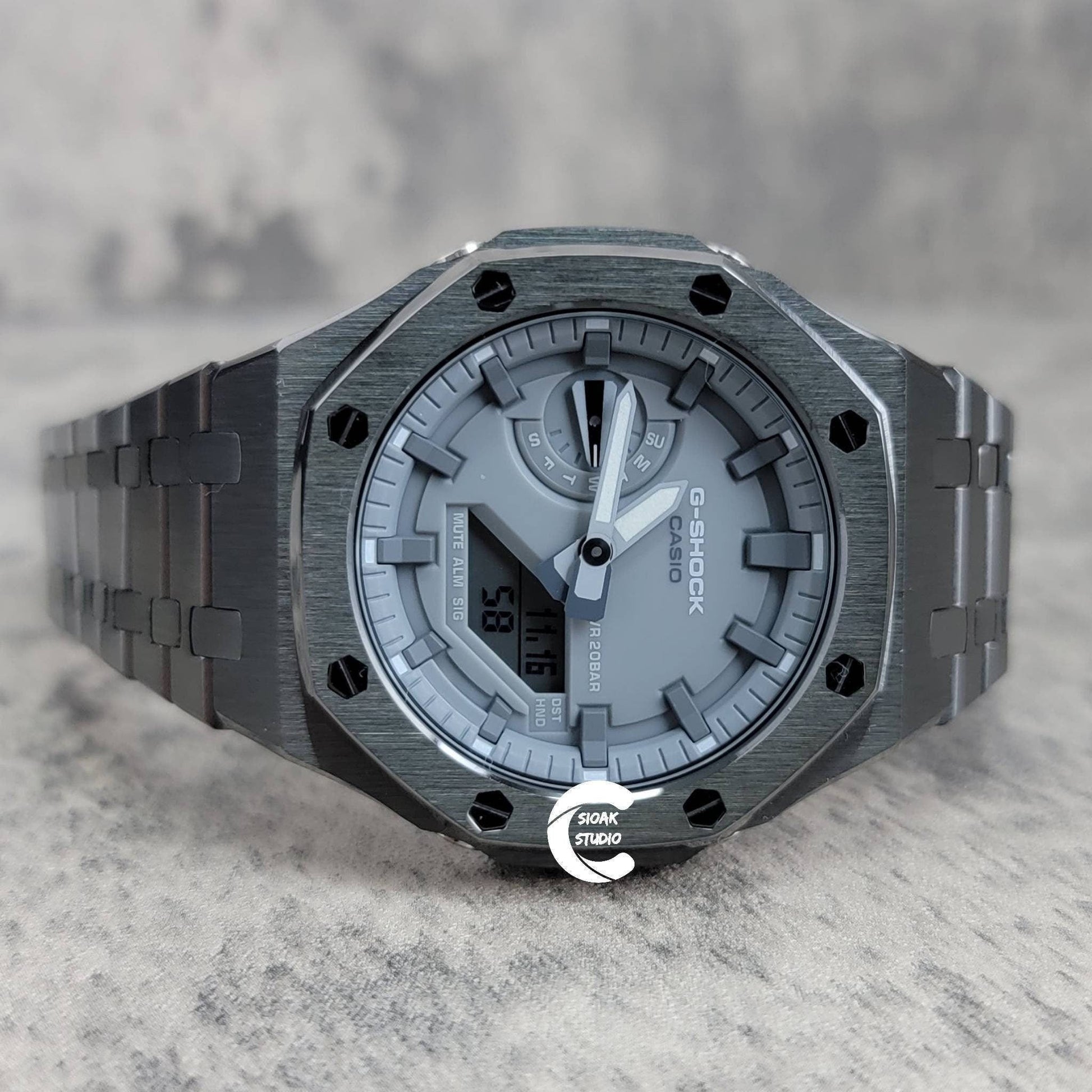 Casioak Mod Watch Gray Case Metal Strap Gray Time Mark Gray Dial 44mm- Casioak Mod Casio G-Shock Royal Oak Custom Mens Luxury Watches Ga2100