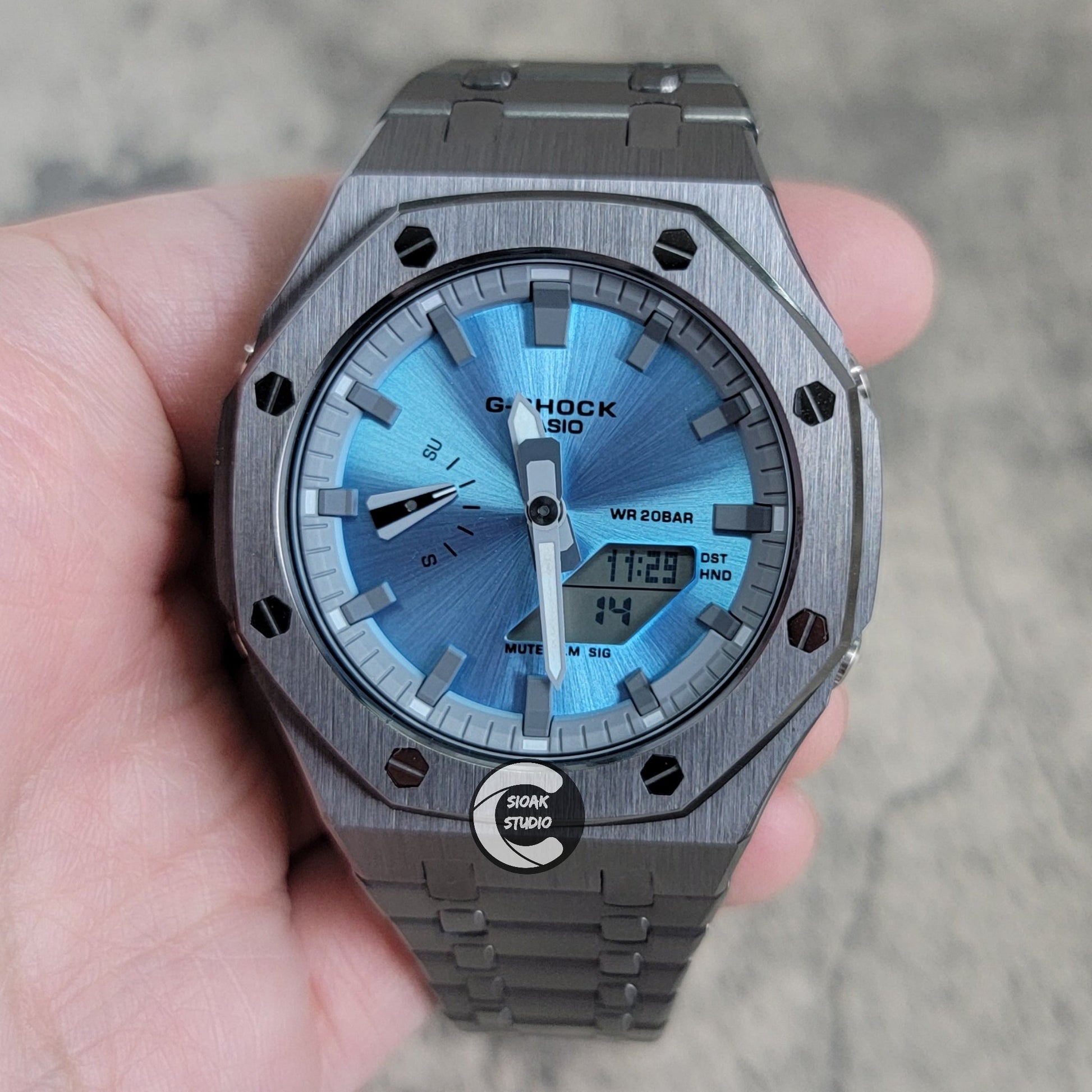 Casioak Mod Watch Gray Case Metal Strap Grayr Time Mark Ice Blue Dial 44mm- Casioak Mod Casio G-Shock Royal Oak Custom Mens Luxury Watches Ga2100