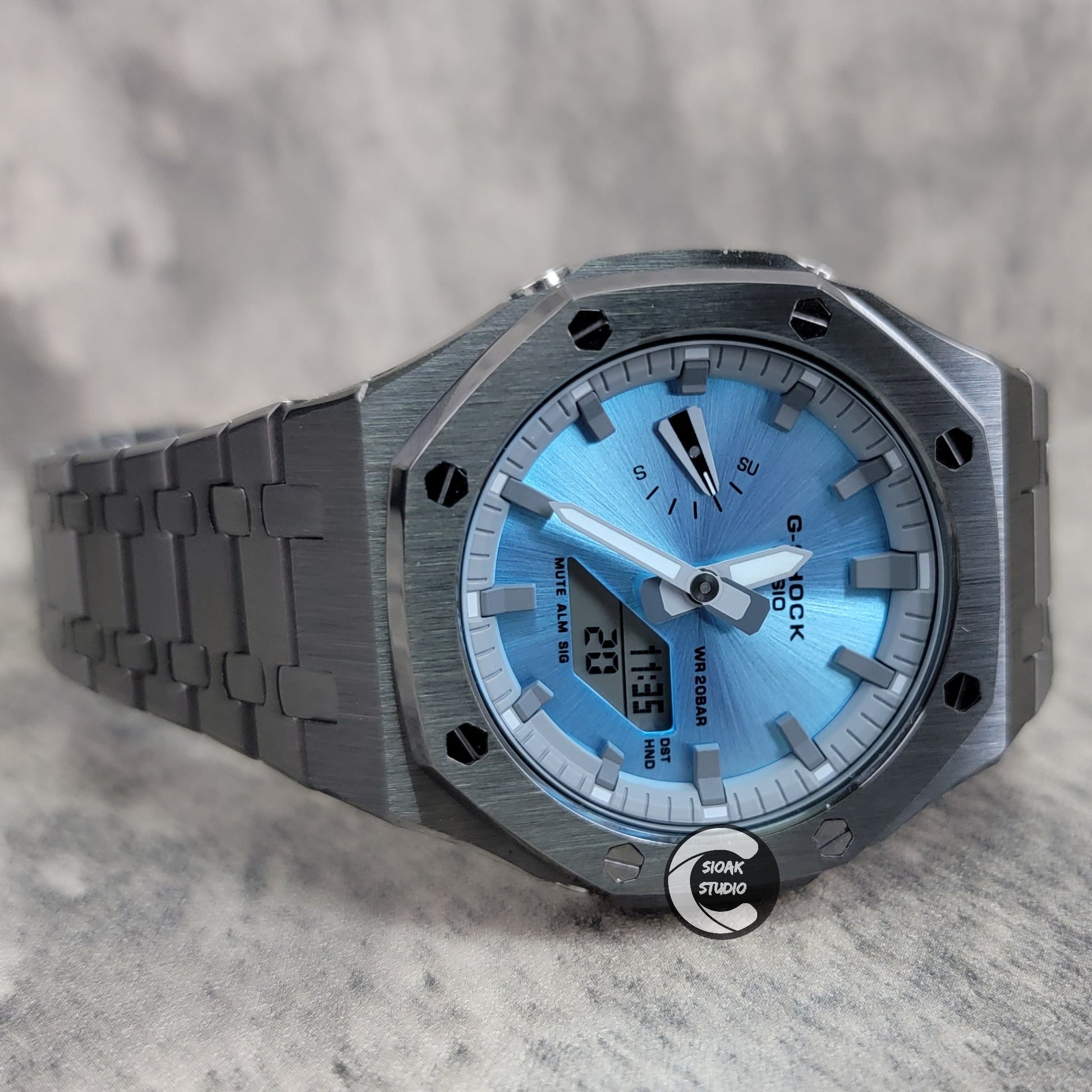 Casioak Mod Watch Gray Case Metal Strap Grayr Time Mark Ice Blue Dial 44mm- Casioak Mod Casio G-Shock Royal Oak Custom Mens Luxury Watches Ga2100