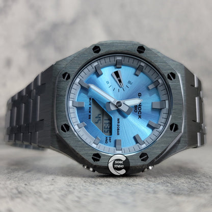 Casioak Mod Watch Gray Case Metal Strap Grayr Time Mark Ice Blue Dial 44mm- Casioak Mod Casio G-Shock Royal Oak Custom Mens Luxury Watches Ga2100