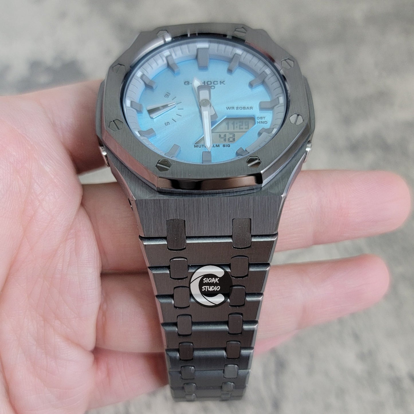 Casioak Mod Watch Gray Case Metal Strap Grayr Time Mark Ice Blue Dial 44mm- Casioak Mod Casio G-Shock Royal Oak Custom Mens Luxury Watches Ga2100