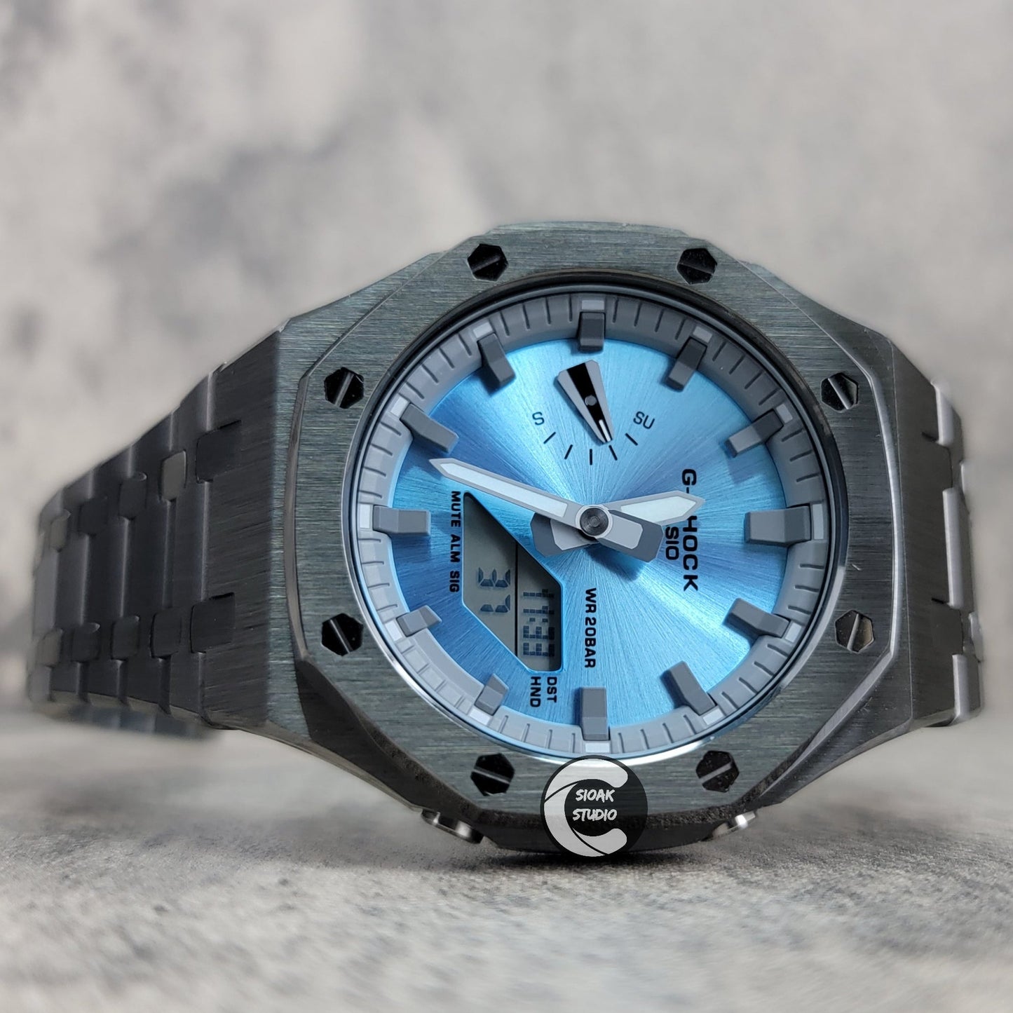 Casioak Mod Watch Gray Case Metal Strap Grayr Time Mark Ice Blue Dial 44mm- Casioak Mod Casio G-Shock Royal Oak Custom Mens Luxury Watches Ga2100