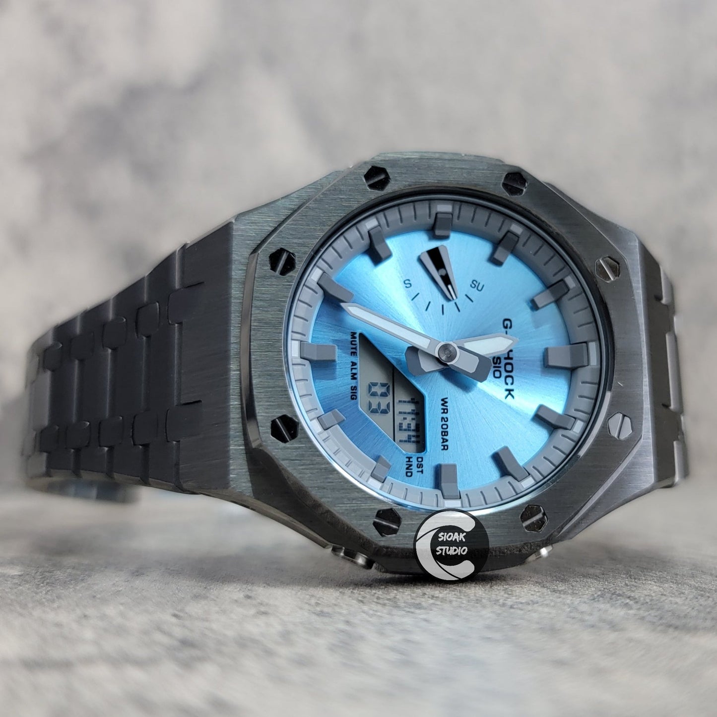 Casioak Mod Watch Gray Case Metal Strap Grayr Time Mark Ice Blue Dial 44mm- Casioak Mod Casio G-Shock Royal Oak Custom Mens Luxury Watches Ga2100