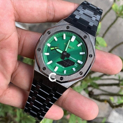 Casioak Mod Watch Gray Case Metal Strap Green White Time Mark Green Dial 44mm- Casioak Mod Casio G-Shock Royal Oak Custom Mens Luxury Watches Ga2100