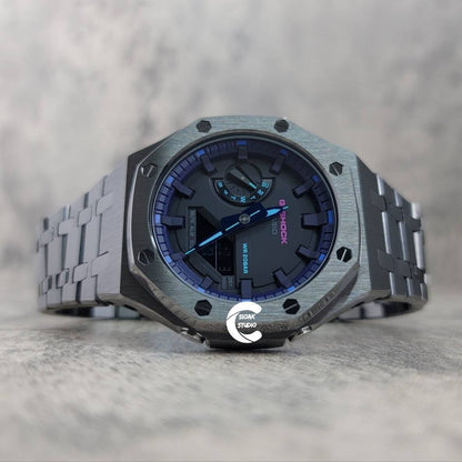 Casioak Mod Watch Gray Case Metal Strap Purple Black Time Mark Black Dial 44mm- Casioak Mod Casio G-Shock Royal Oak Custom Mens Luxury Watches Ga2100