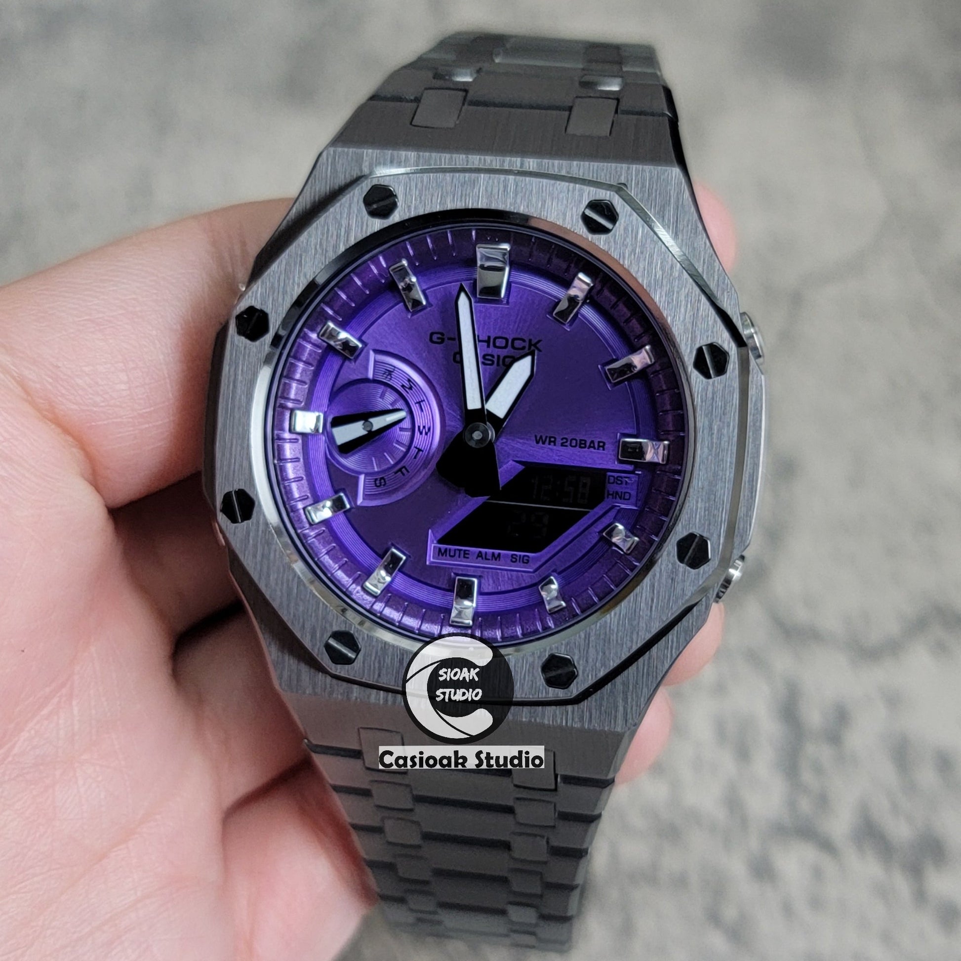 Casioak Mod Watch Gray Case Metal Strap Purple Time Mark Purple Dial 44mm- Casioak Mod Casio G-Shock Royal Oak Custom Mens Luxury Watches Ga2100