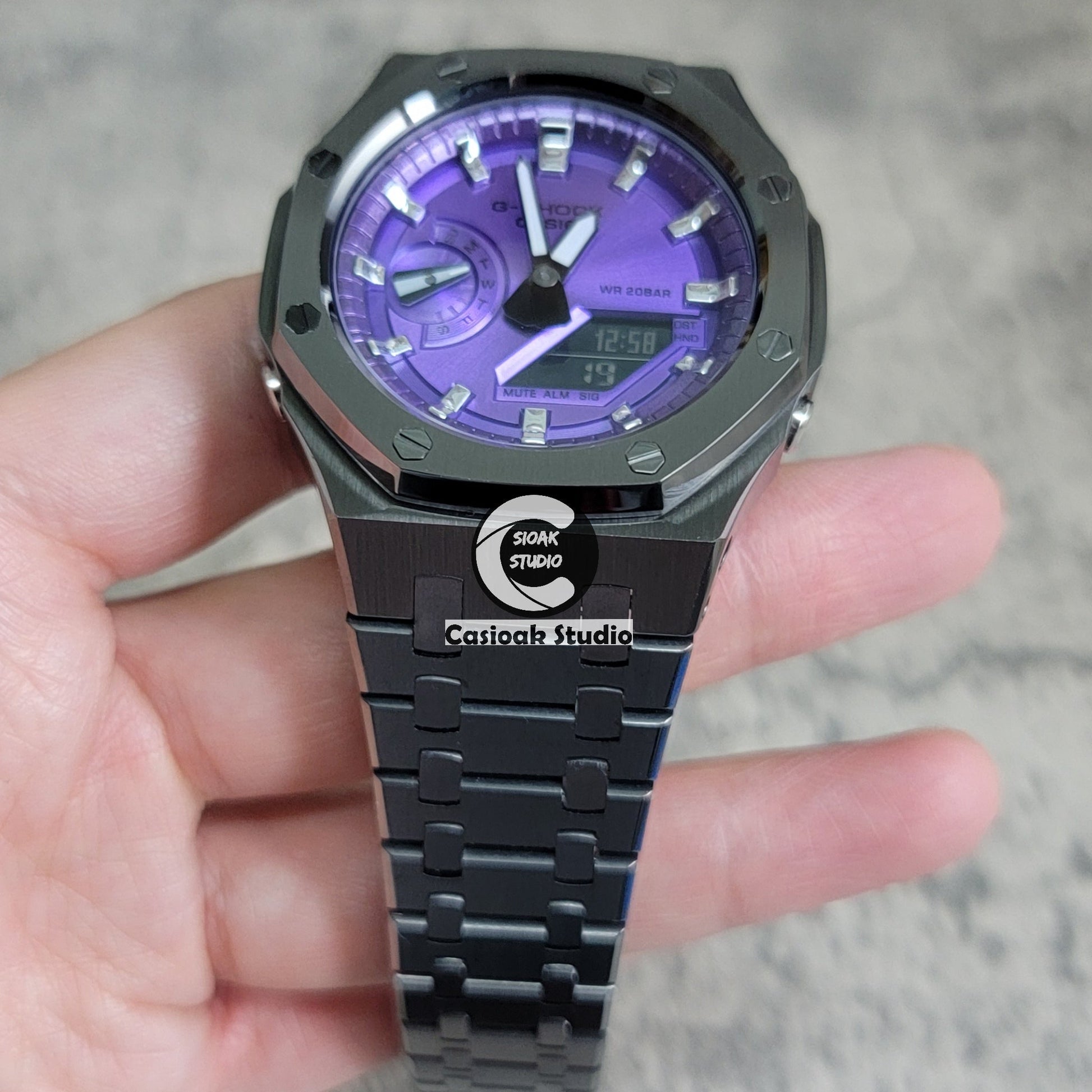 Casioak Mod Watch Gray Case Metal Strap Purple Time Mark Purple Dial 44mm- Casioak Mod Casio G-Shock Royal Oak Custom Mens Luxury Watches Ga2100