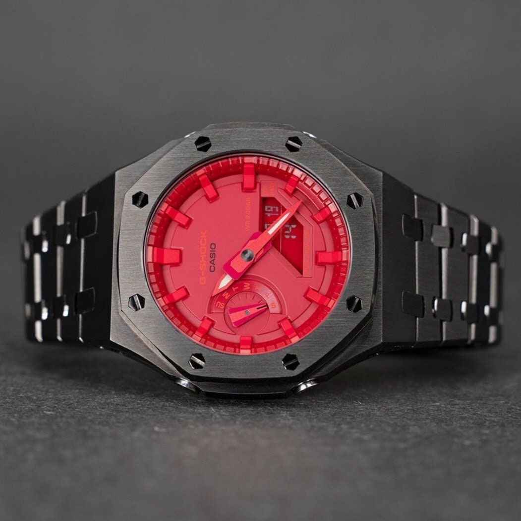 Casioak Mod Watch Gray Case Metal Strap Red Time Mark Red Dial 44mm- Casioak Mod Casio G-Shock Royal Oak Custom Mens Luxury Watches Ga2100