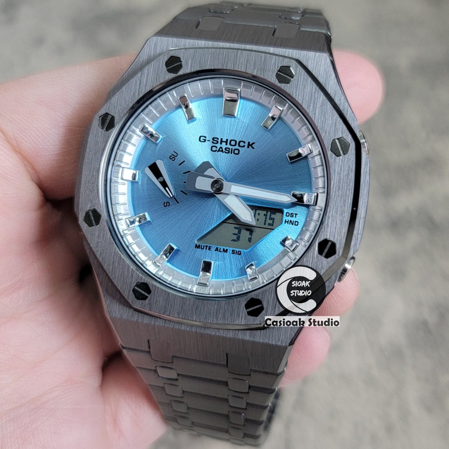 Casioak Mod Watch Gray Case Metal Strap Silver Time Mark Ice Blue Dial 44mm- Casioak Mod Casio G-Shock Royal Oak Custom Mens Luxury Watches Ga2100