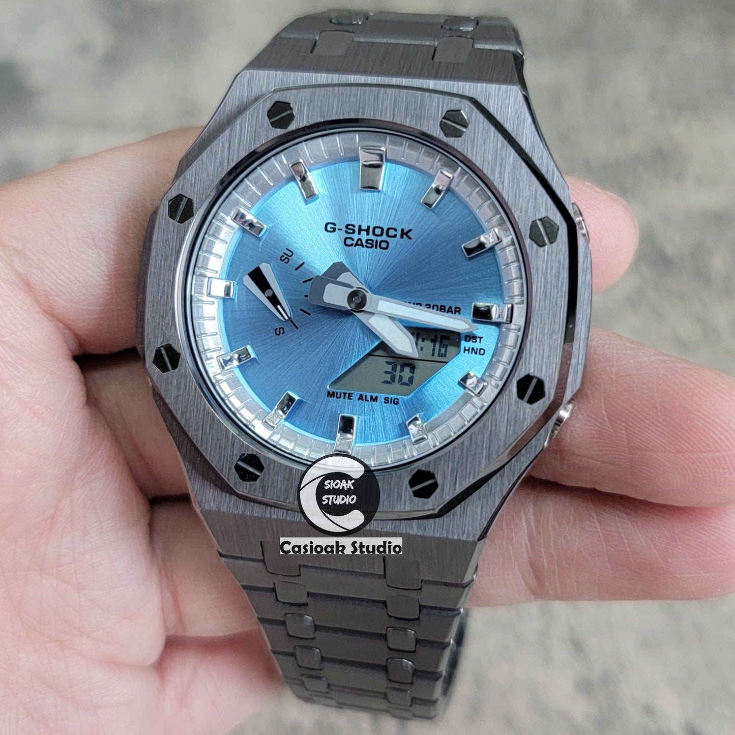 Casioak Mod Watch Gray Case Metal Strap Silver Time Mark Ice Blue Dial 44mm- Casioak Mod Casio G-Shock Royal Oak Custom Mens Luxury Watches Ga2100