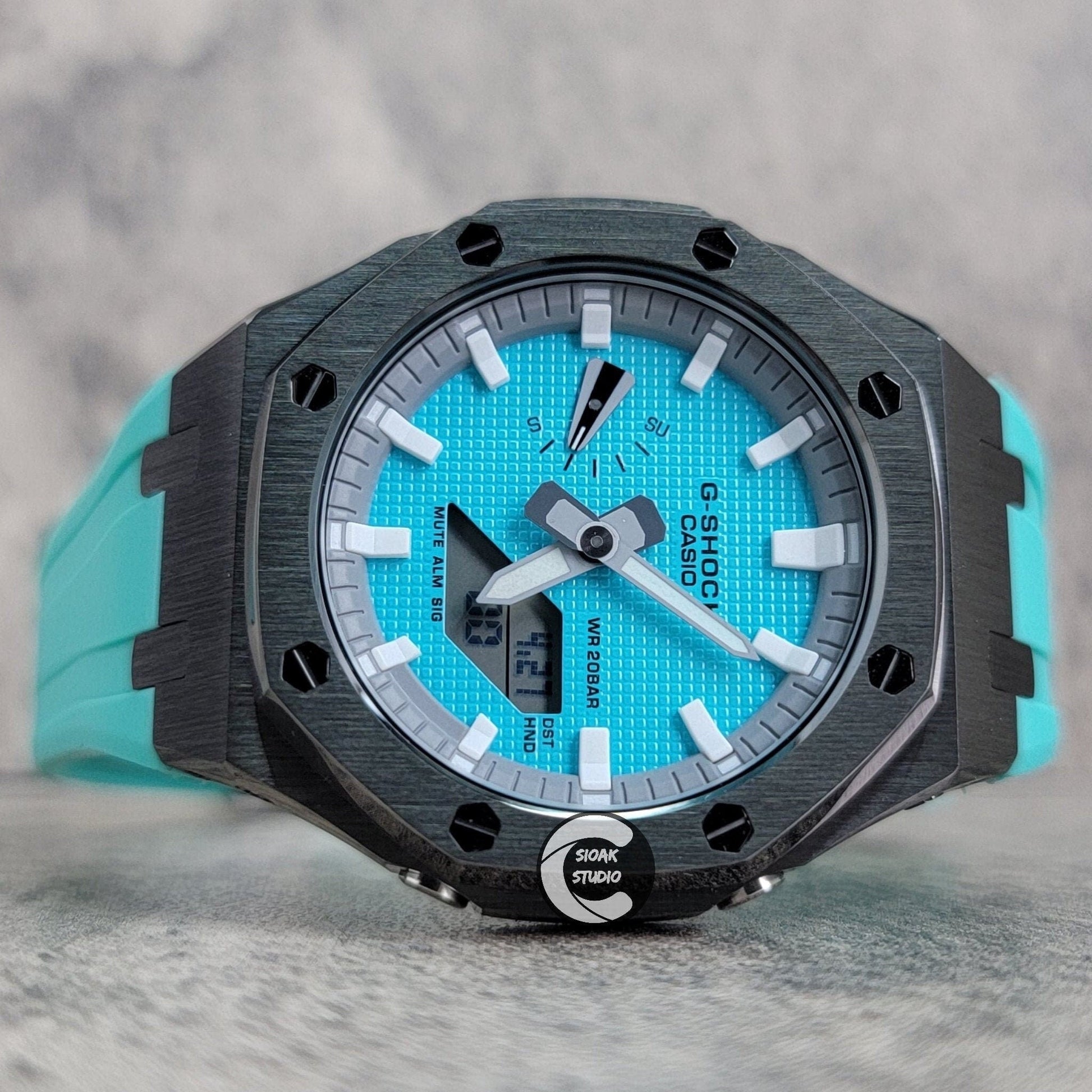 Casioak Mod Watch Gray Case Tiff Blue Rubber Strap Light Gray White Time Mark Tiff Blue Dial 44mm- Casioak Mod Casio G-Shock Royal Oak Custom Mens Luxury Watches Ga2100