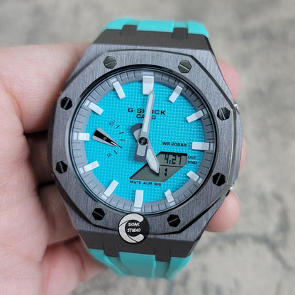 Casioak Mod Watch Gray Case Tiff Blue Rubber Strap Light Gray White Time Mark Tiff Blue Dial 44mm- Casioak Mod Casio G-Shock Royal Oak Custom Mens Luxury Watches Ga2100