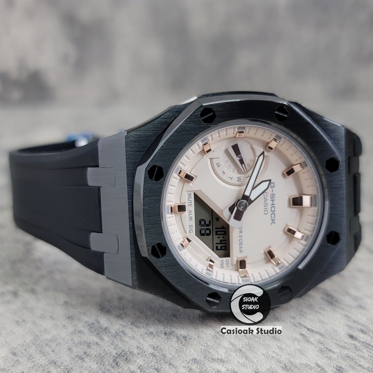 Casioak Mod Watch Gray Case White Rubber Strap Beige Rose Gold Time Mark Beige Dial 42mm- Casioak Mod Casio G-Shock Royal Oak Custom Mens Luxury Watches Ga2100