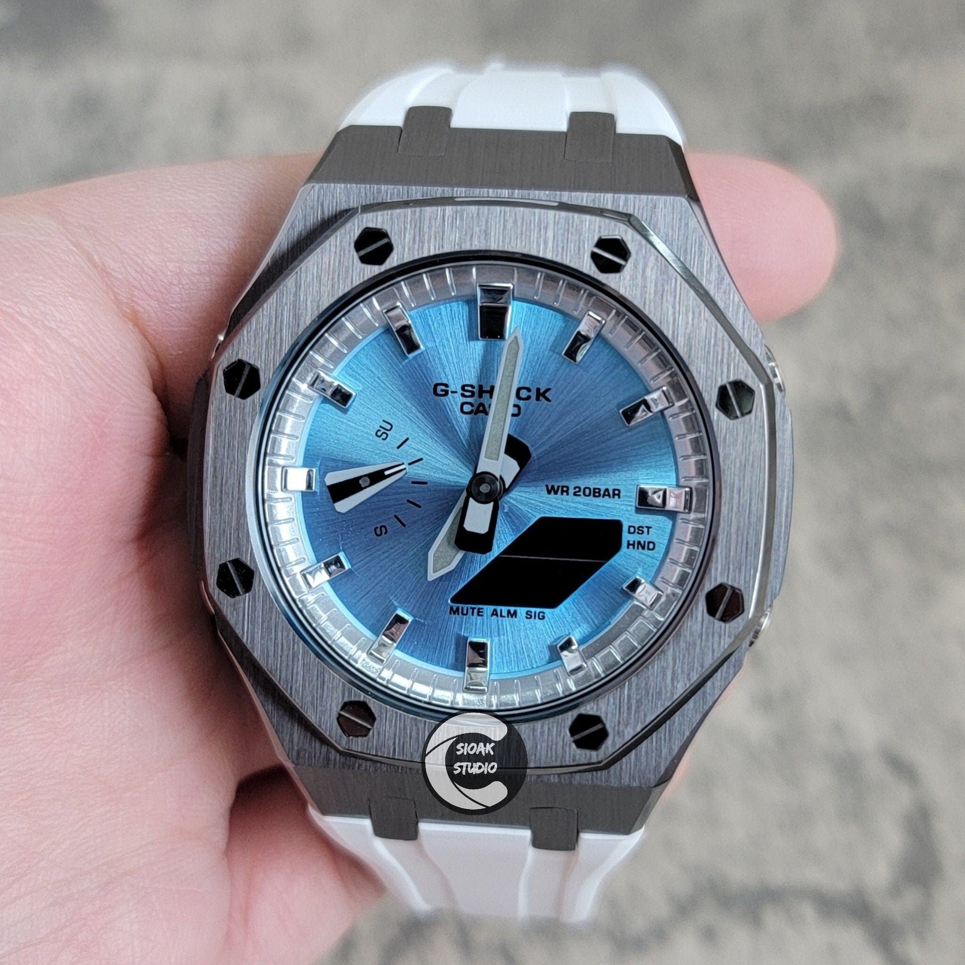 Casioak Mod Watch Gray Case White Rubber Strap Silver Time Mark Ice Blue Dial 44mm- Casioak Mod Casio G-Shock Royal Oak Custom Mens Luxury Watches Ga2100