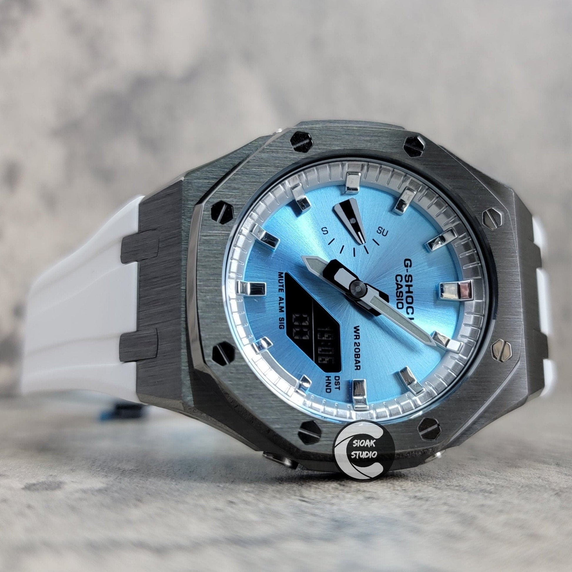 Casioak Mod Watch Gray Case White Rubber Strap Silver Time Mark Ice Blue Dial 44mm- Casioak Mod Casio G-Shock Royal Oak Custom Mens Luxury Watches Ga2100