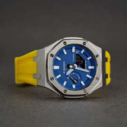 Casioak Mod Watch Gray Case Yellow Rubber Strap Blue Time Mark Blue Dial 44mm- Casioak Mod Casio G-Shock Royal Oak Custom Mens Luxury Watches Ga2100