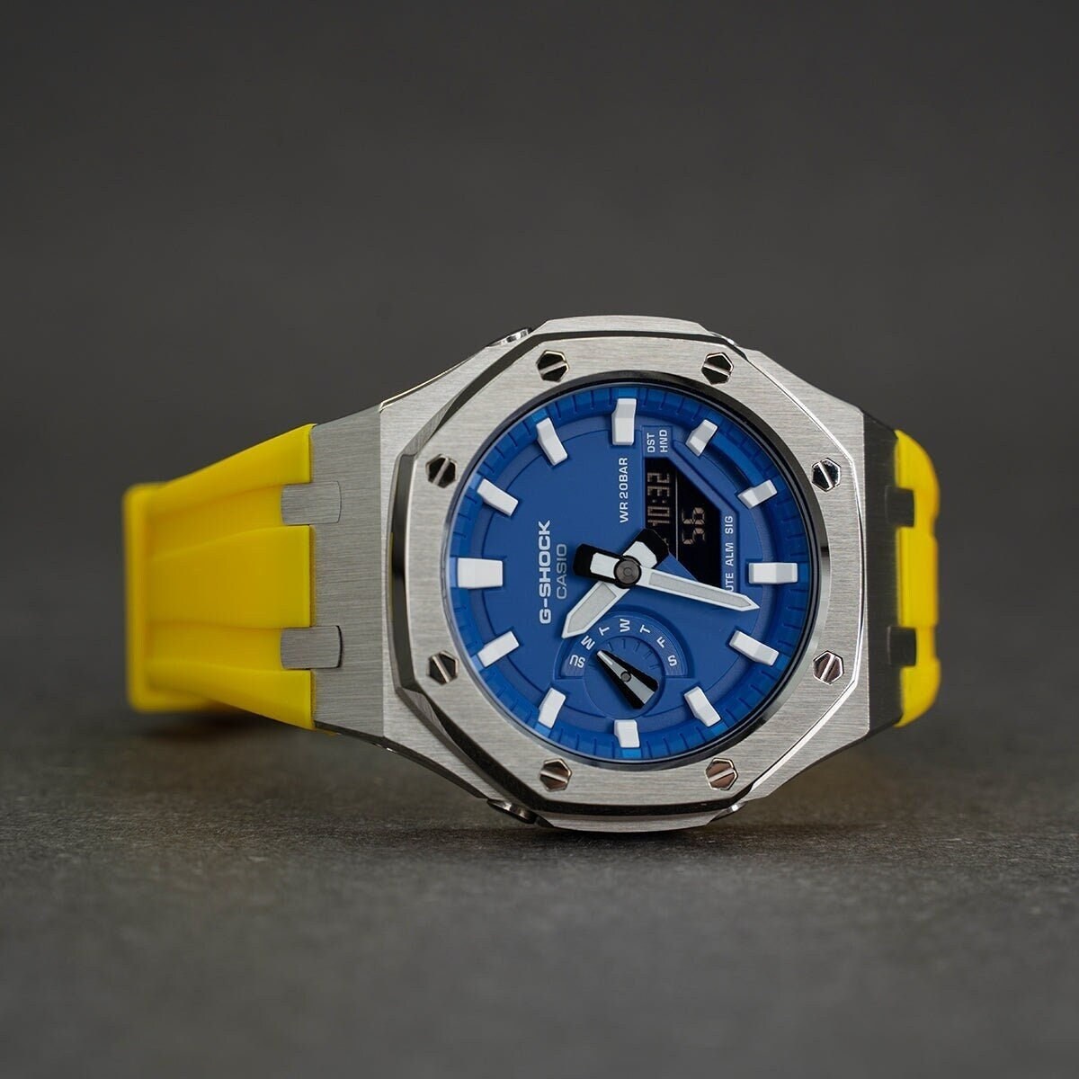 Casioak Mod Watch Gray Case Yellow Rubber Strap Blue Time Mark Blue Dial 44mm- Casioak Mod Casio G-Shock Royal Oak Custom Mens Luxury Watches Ga2100