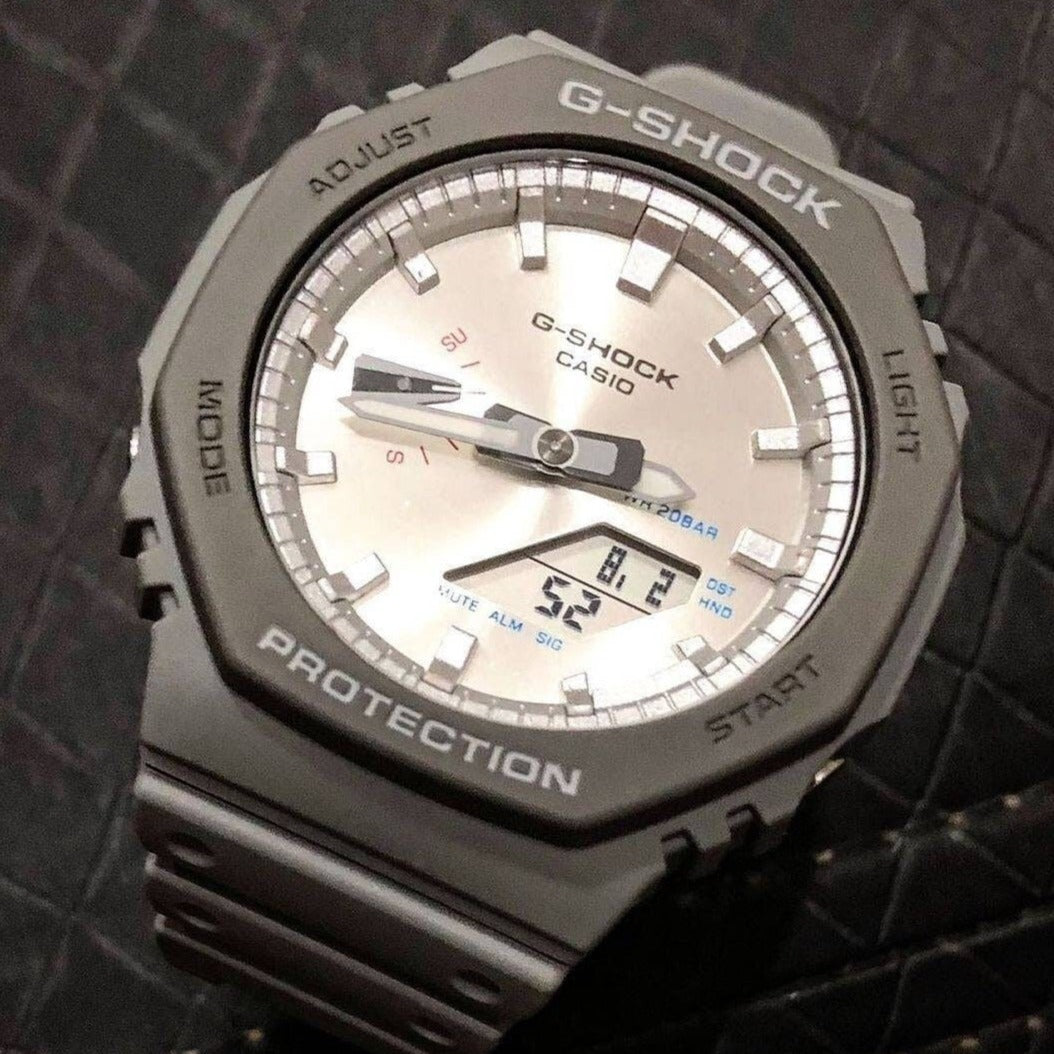 Casioak Mod Watch Gray Plastic Case Gray Strap Silver Time Mark Silver Dial 44mm- Casioak Mod Casio G-Shock Royal Oak Custom Mens Luxury Watches Ga2100