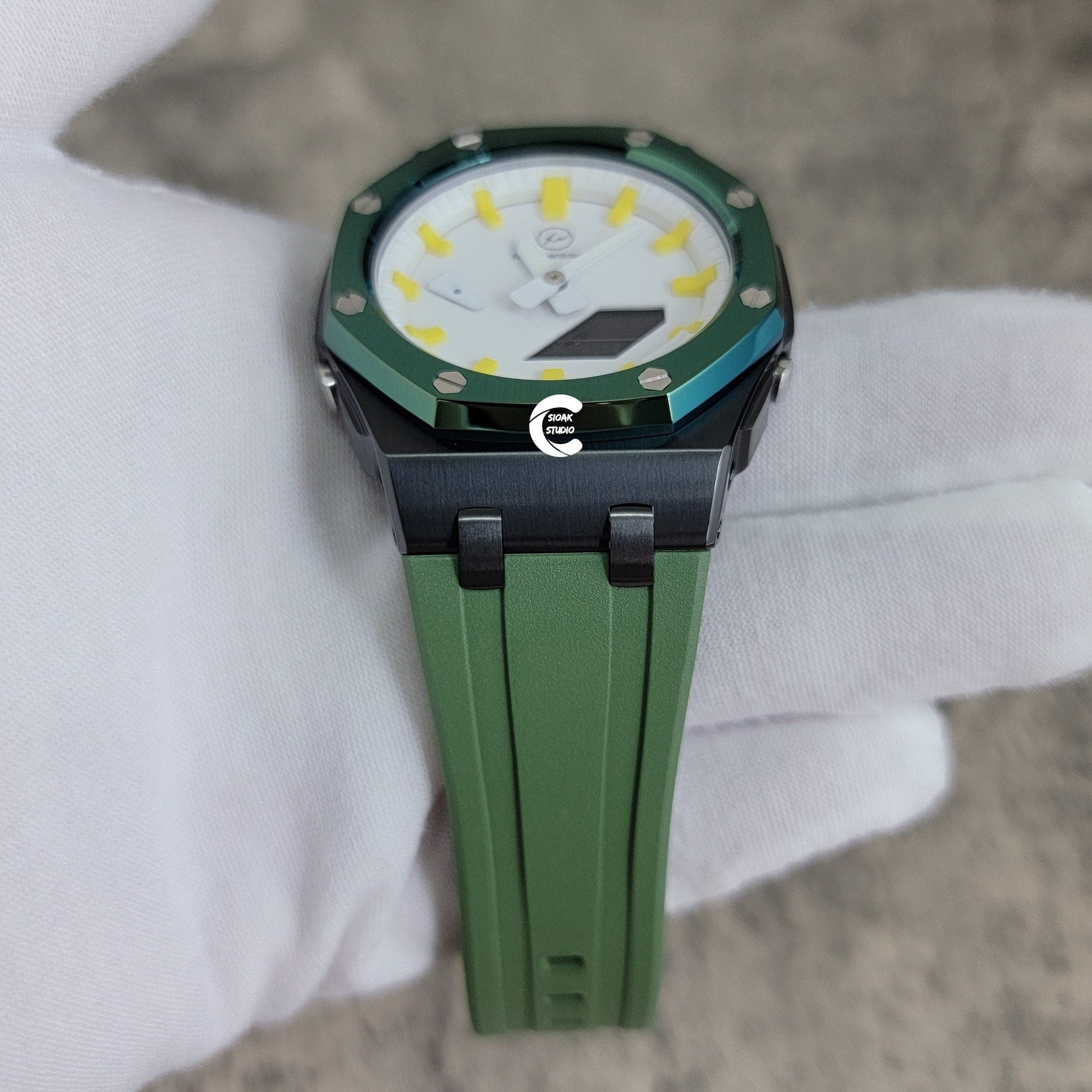 Casioak Mod Watch Green Black Offshore Superior Case Green Rubber Strap White Time Mark Dial 44mm- Casioak Mod Casio G-Shock Royal Oak Custom Mens Luxury Watches Ga2100