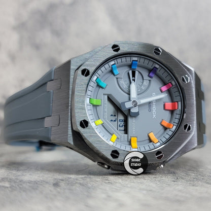 Casioak Mod Watch Grey Case Gray Rubber Strap Gray Rainbow Time Mark Gray Dial 44mm- Casioak Mod Casio G-Shock Royal Oak Custom Mens Luxury Watches Ga2100