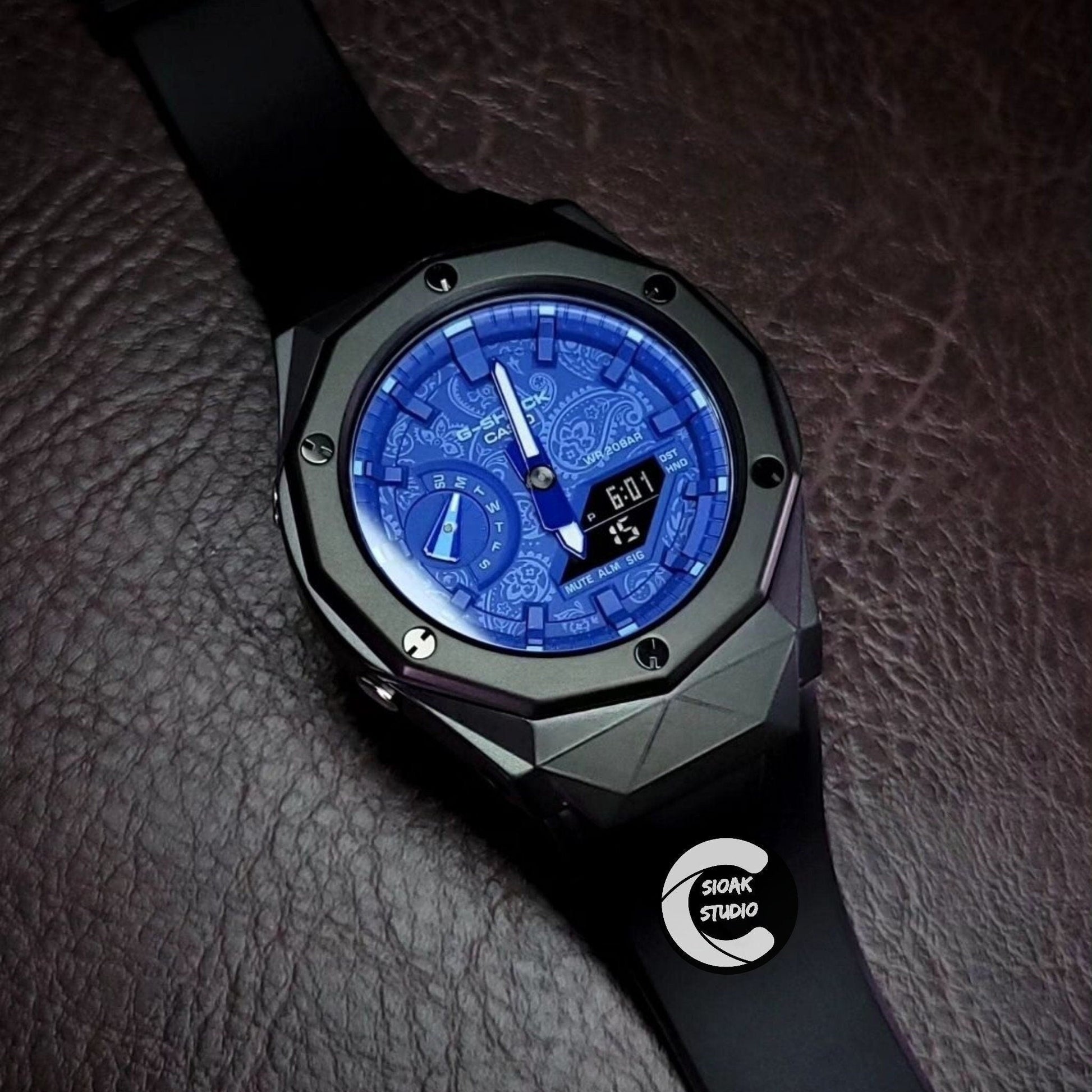 Casioak Mod Watch Hb Black Case Black Strap Blue Time Mark Blue Dial 44mm Boyfriend Him- Casioak Mod Casio G-Shock Royal Oak Custom Mens Luxury Watches Ga2100