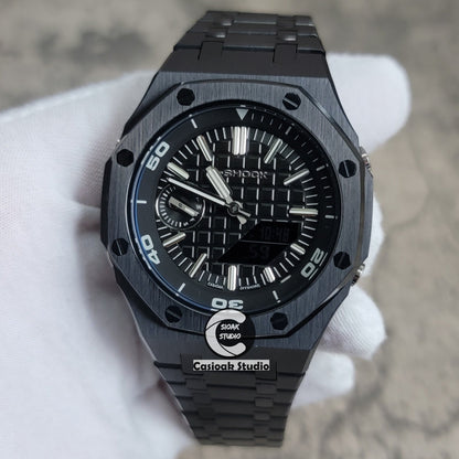 Casioak Mod Watch NEW Black Case Metal Strap Black Silver Time Mark Black Dial 44mm Sapphire Glass- Casioak Mod Casio G-Shock Royal Oak Custom Mens Luxury Watches Ga2100