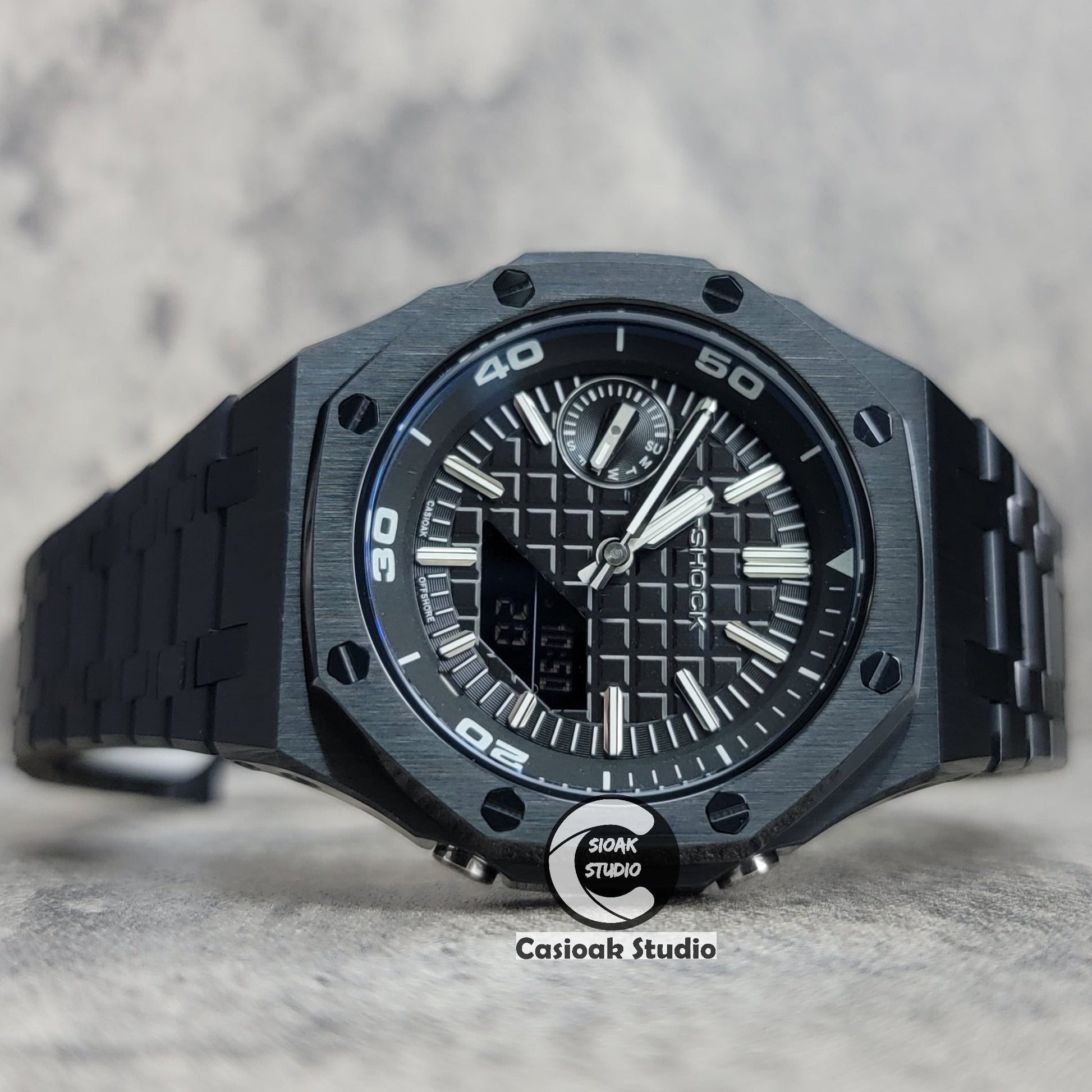 Casioak Mod Watch NEW Black Case Metal Strap Black Silver Time Mark Black Dial 44mm Sapphire Glass- Casioak Mod Casio G-Shock Royal Oak Custom Mens Luxury Watches Ga2100