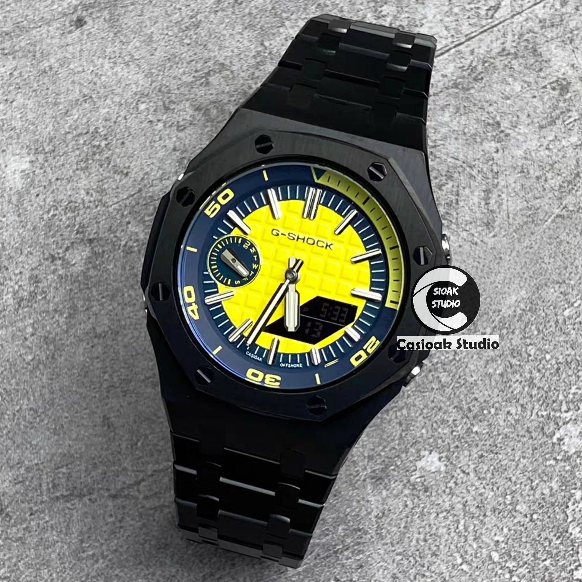 Casioak Mod Watch NEW Black Case Metal Strap Blue Time Mark Yellow Dial 44mm Sapphire Glass- Casioak Mod Casio G-Shock Royal Oak Custom Mens Luxury Watches Ga2100