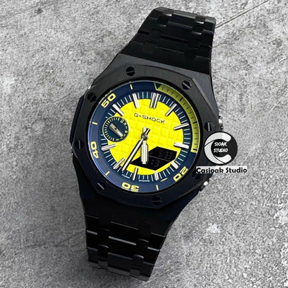 Casioak Mod Watch NEW Black Case Metal Strap Blue Time Mark Yellow Dial 44mm Sapphire Glass- Casioak Mod Casio G-Shock Royal Oak Custom Mens Luxury Watches Ga2100