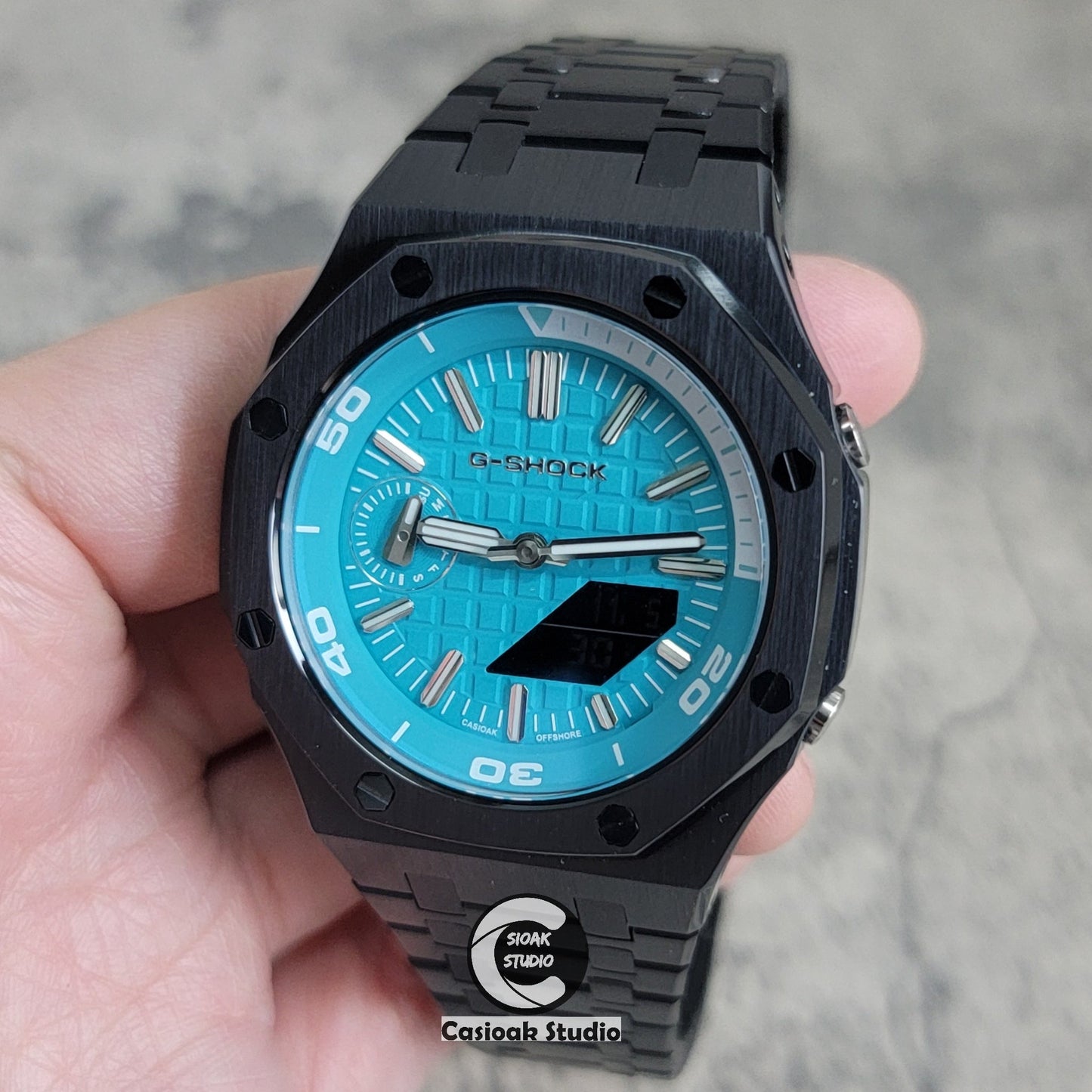 Casioak Mod Watch NEW Black Case Metal Strap Tiff Silver Time Mark Tiff Blue Dial 44mm Sapphire Glass- Casioak Mod Casio G-Shock Royal Oak Custom Mens Luxury Watches Ga2100