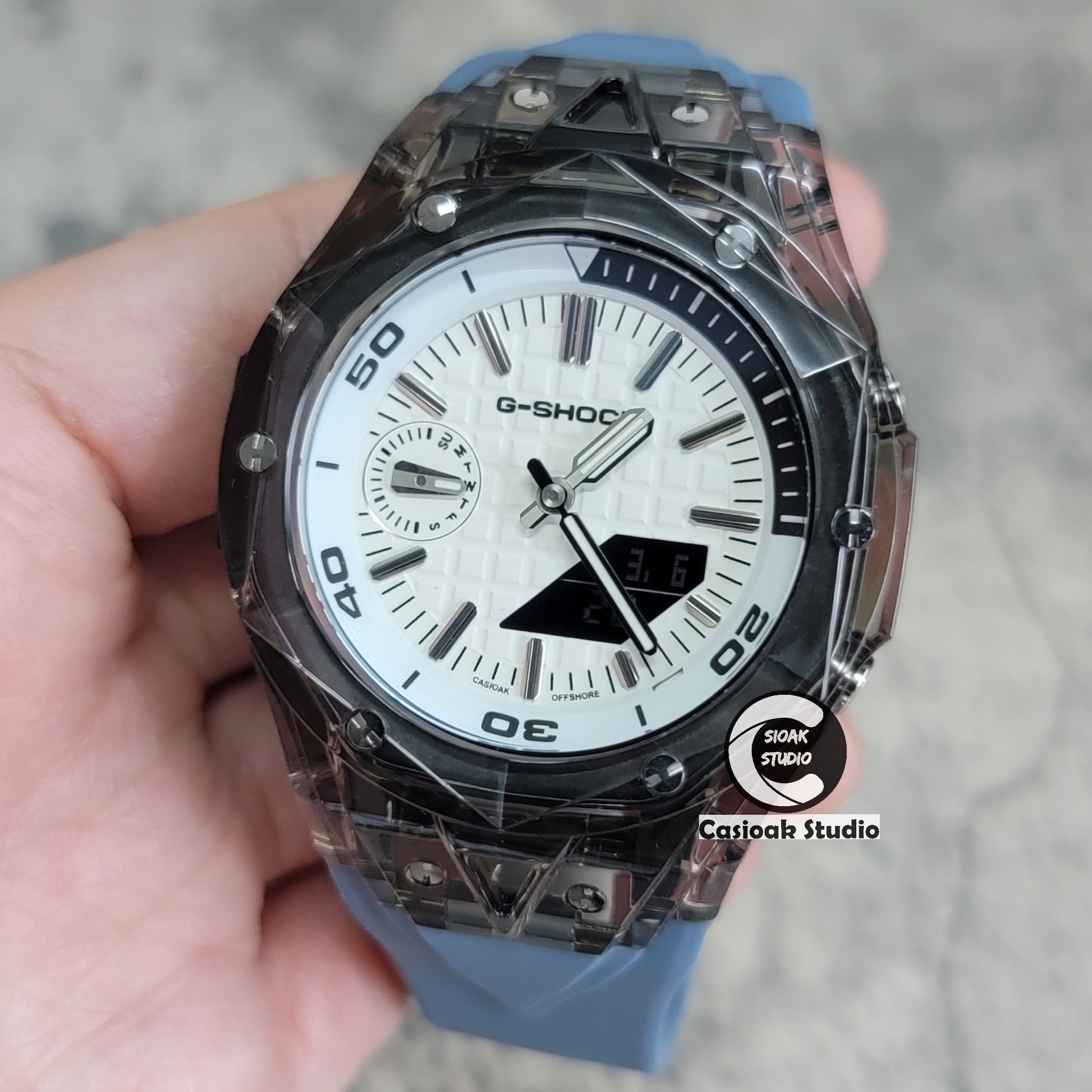 Casioak Mod Watch NEW Black Transparent Case Gray Blue Strap Silver Time Mark White Dial 44mm- Casioak Mod Casio G-Shock Royal Oak Custom Mens Luxury Watches Ga2100