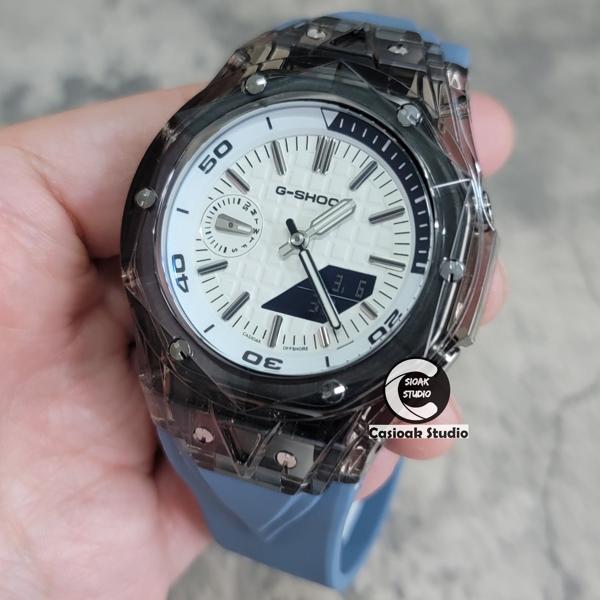 Casioak Mod Watch NEW Black Transparent Case Gray Blue Strap Silver Time Mark White Dial 44mm- Casioak Mod Casio G-Shock Royal Oak Custom Mens Luxury Watches Ga2100