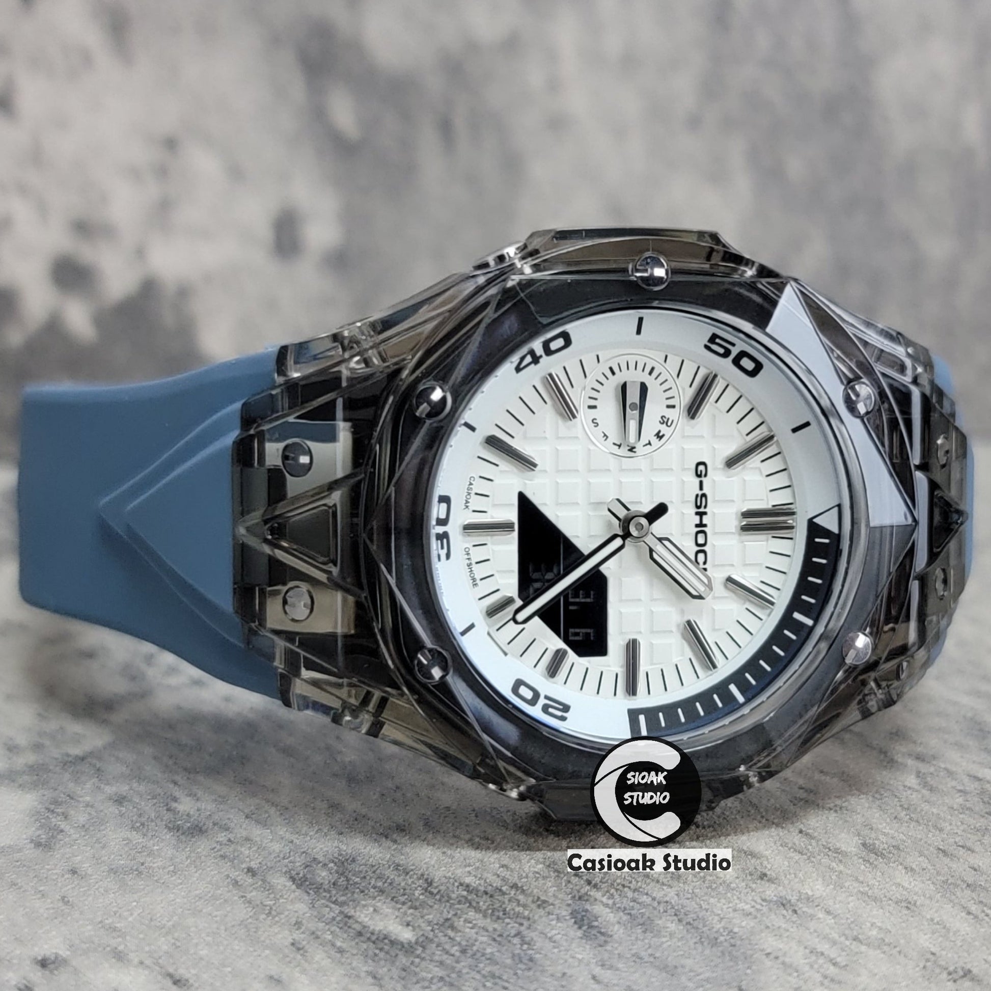 Casioak Mod Watch NEW Black Transparent Case Gray Blue Strap Silver Time Mark White Dial 44mm- Casioak Mod Casio G-Shock Royal Oak Custom Mens Luxury Watches Ga2100