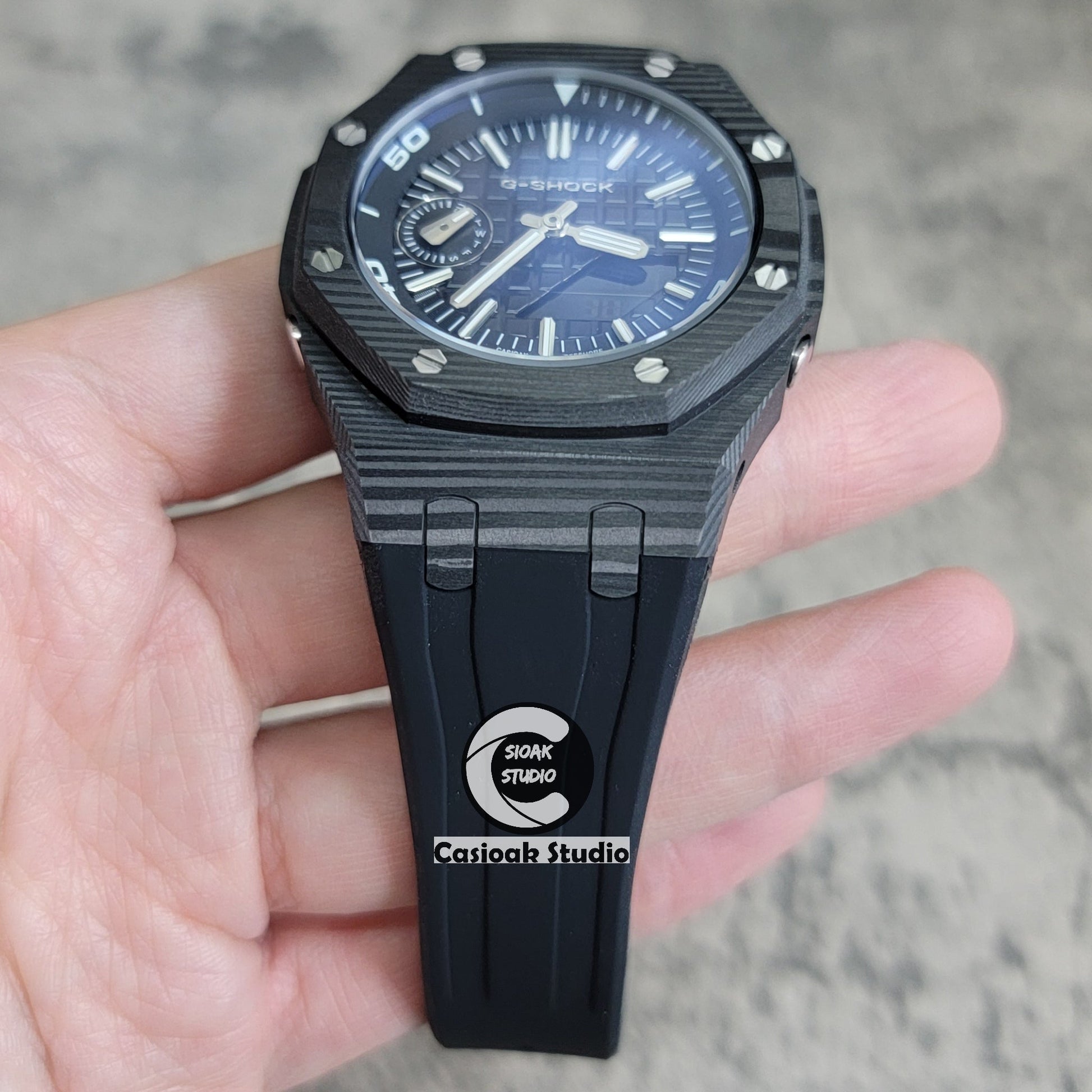 Casioak Mod Watch NEW Carbon Fiber Black Case Black Strap Black Silve Time Mark Black Dial 44mm- Casioak Mod Casio G-Shock Royal Oak Custom Mens Luxury Watches Ga2100